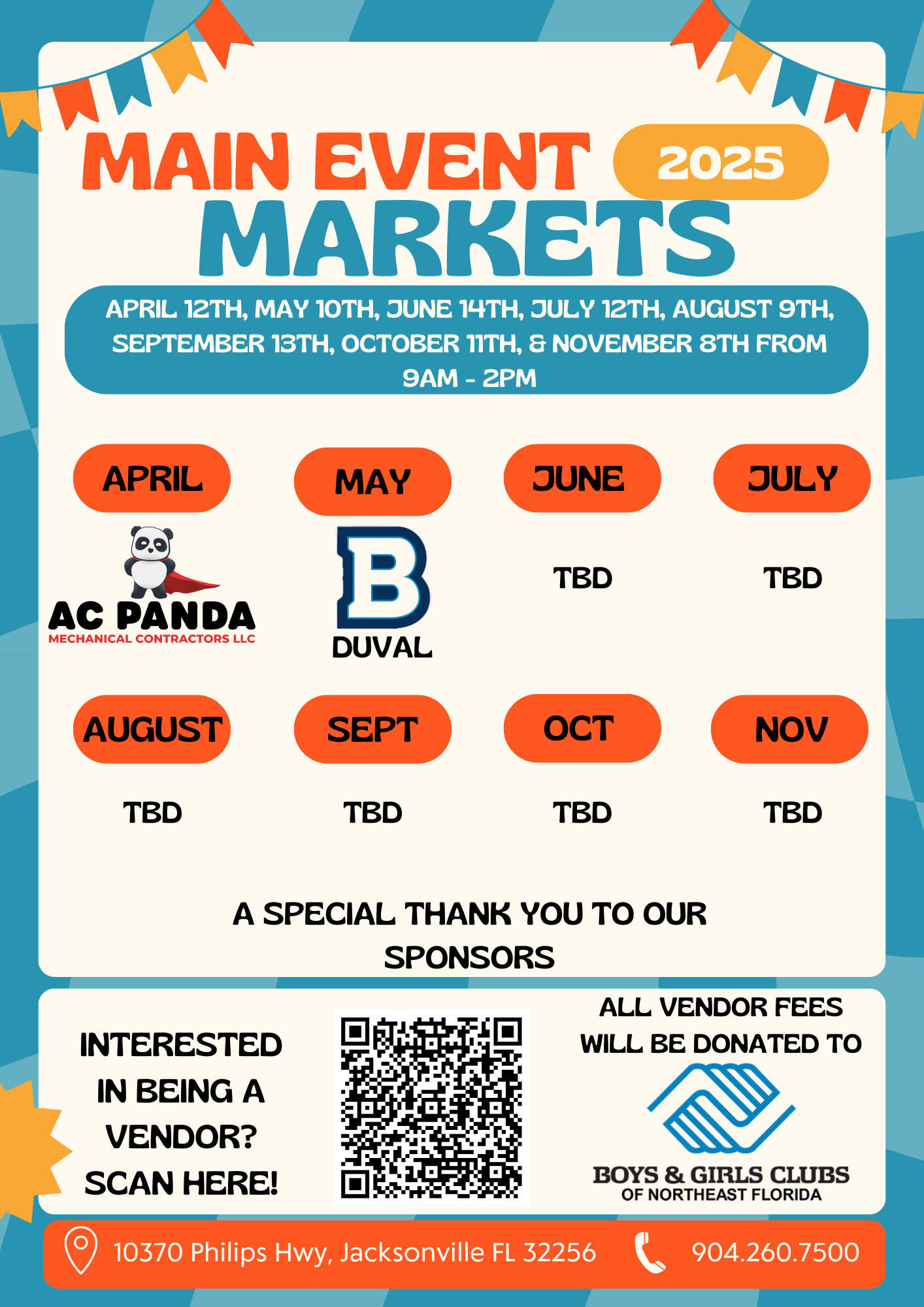 Come out to Main Event the 2nd Saturday of every month from 9am-2pm for our Main Event Vendor Market. Local vendors will be set up outside of Main Event Entertainment. Their vendor fees are going to be donated to The Boys & Girls Club of Northeast Florida. Shop local while supporting those who support your local community. Arts, crafts, food, beverage, small business, and much more! If you have any questions about becoming a vendor or about attending the market, please reach out to the sales team at <span id=