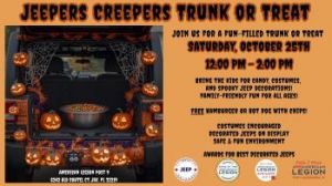 10/25: American Legion Auxiliary Jeepers Creepers Trunk or Treat